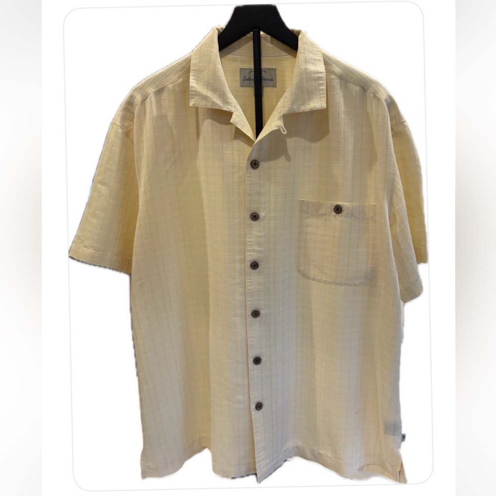 Island Shores Short Sleeves Button Down Shirt Yellow/White Stripes XL